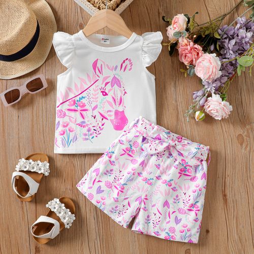 2pcs Toddler Girl Floral Print Ruffle Top and Belted Shorts Set