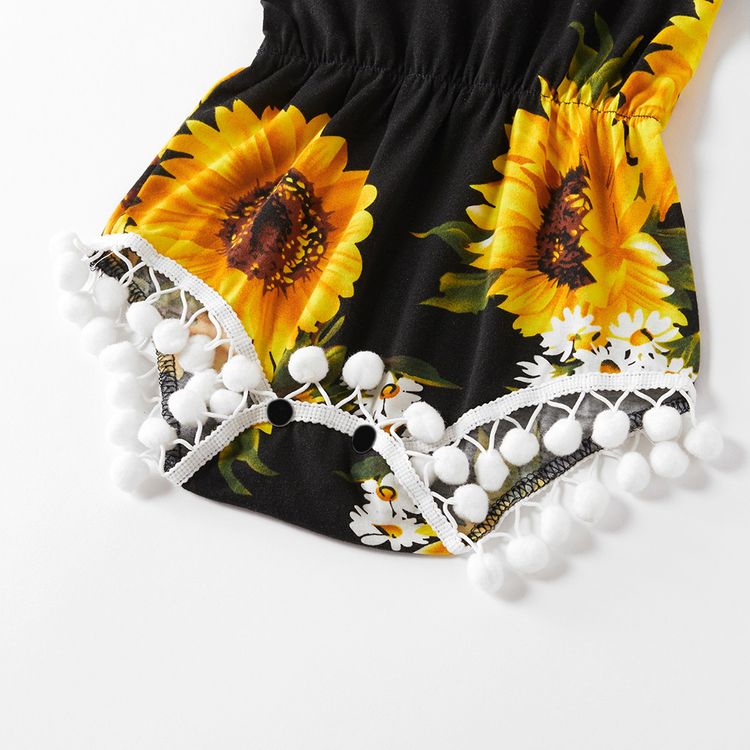 Sunflower and Daisy Print Matching Black Sling Shorts Rompers Black