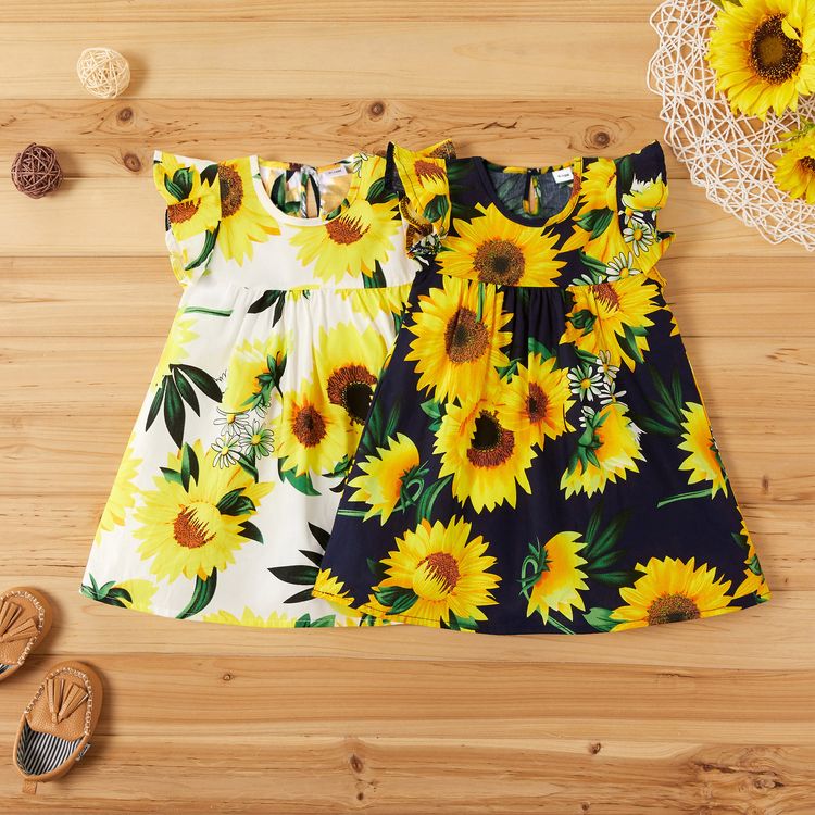 100% Cotton Sunflower Print Flutter-sleeve Baby Dress White