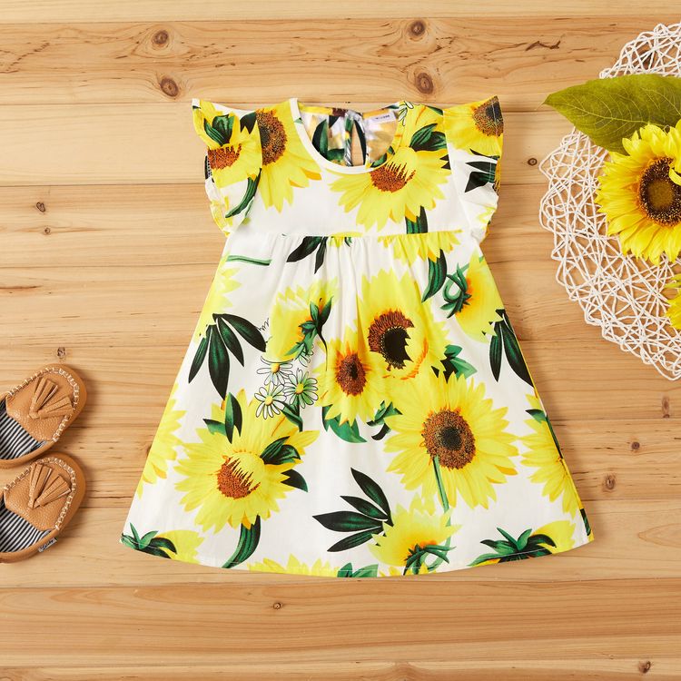 100% Cotton Sunflower Print Flutter-sleeve Baby Dress White