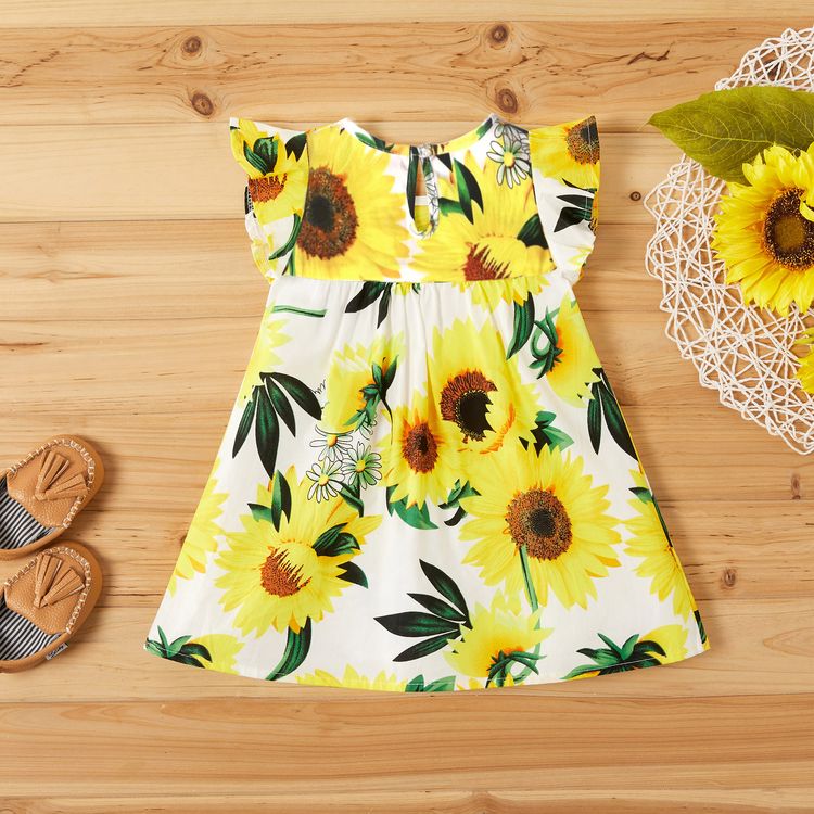100% Cotton Sunflower Print Flutter-sleeve Baby Dress White