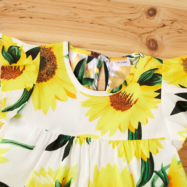 100% Cotton Sunflower Print Flutter-sleeve Baby Dress White