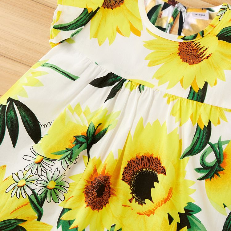 100% Cotton Sunflower Print Flutter-sleeve Baby Dress White