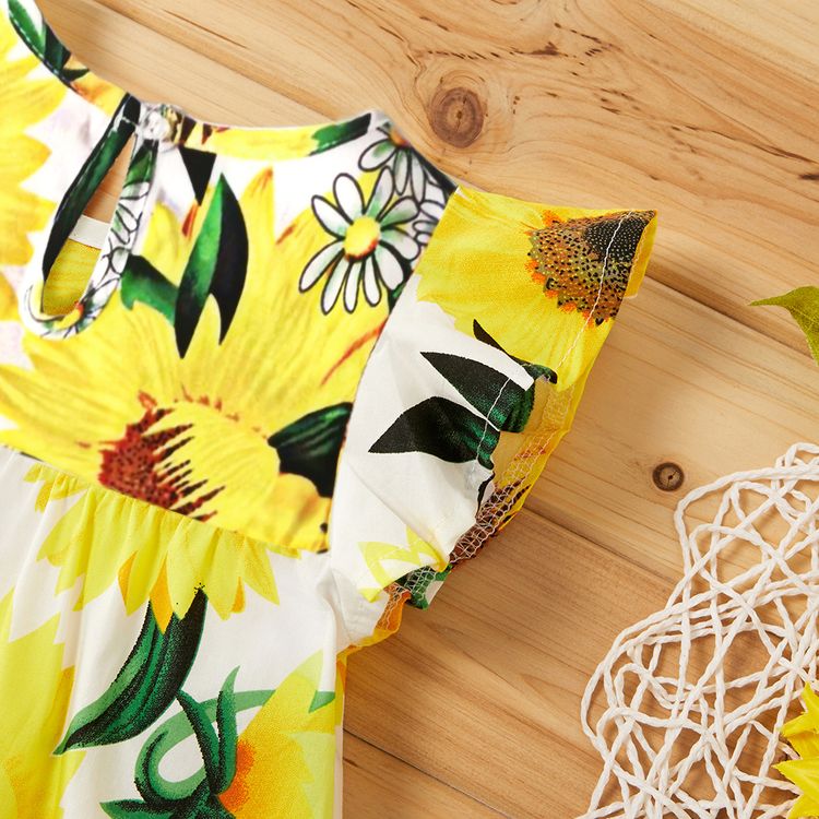 100% Cotton Sunflower Print Flutter-sleeve Baby Dress White