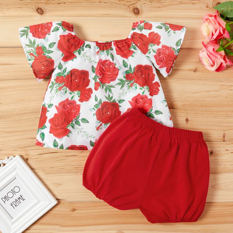 Pretty Baby Girl 2pcs Floral Short-sleeve Shorts Set Red
