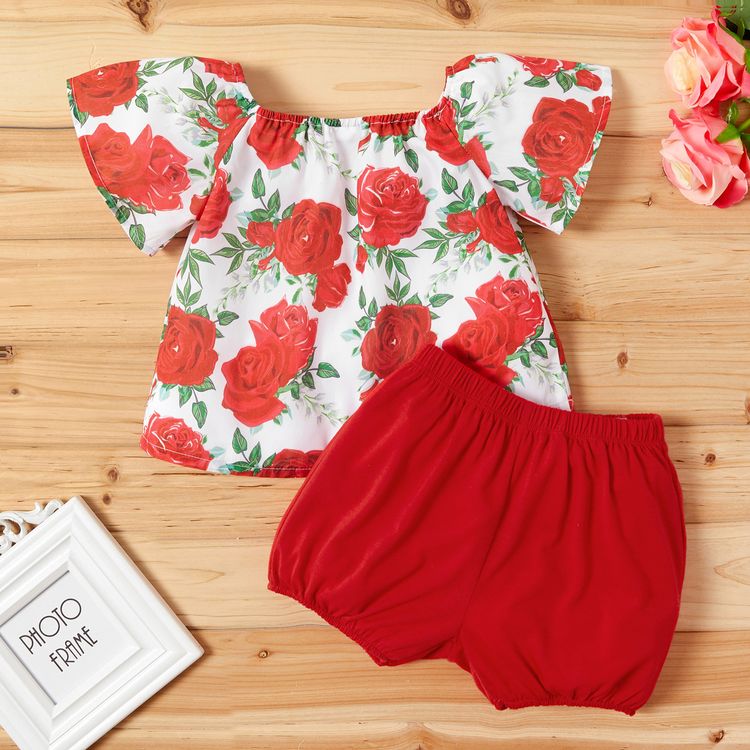 Pretty Baby Girl 2pcs Floral Short-sleeve Shorts Set Red