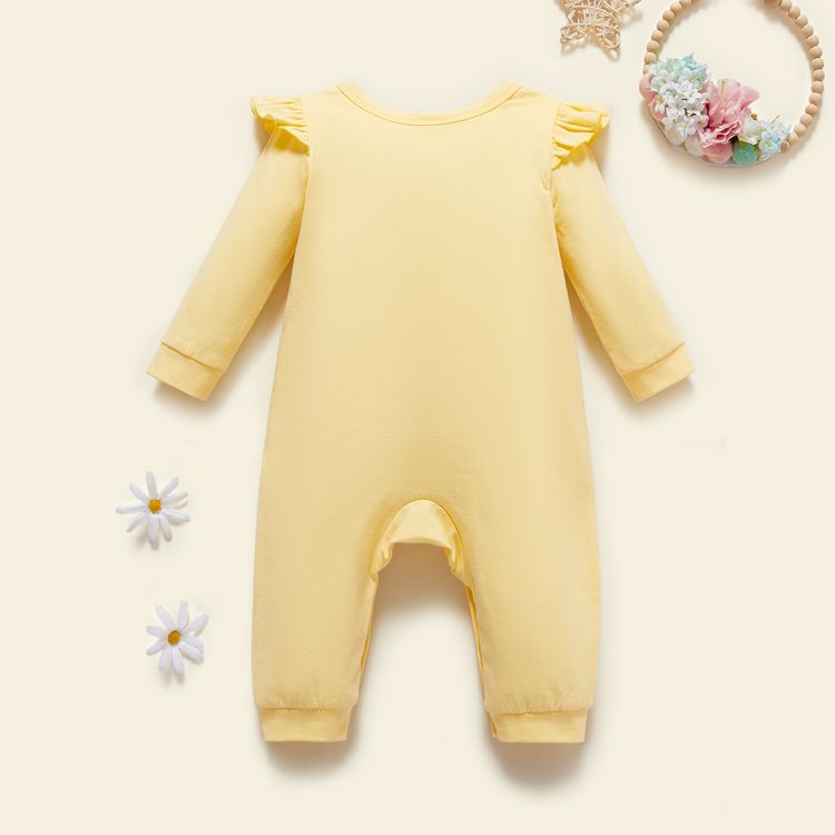 Baby Girl 95% Cotton Ruffle Long-sleeve Rainbow and Letter Print Jumpsuit Pale Yellow