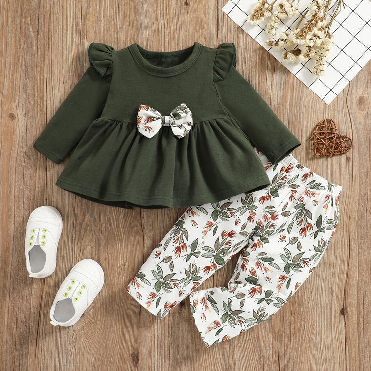 2pcs Baby Dark Green Cotton Long-sleeve Bowknot Top and All Over Leaves Print Trousers Set Dark Green