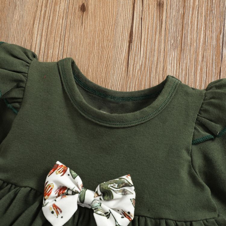 2pcs Baby Dark Green Cotton Long-sleeve Bowknot Top and All Over Leaves Print Trousers Set Dark Green