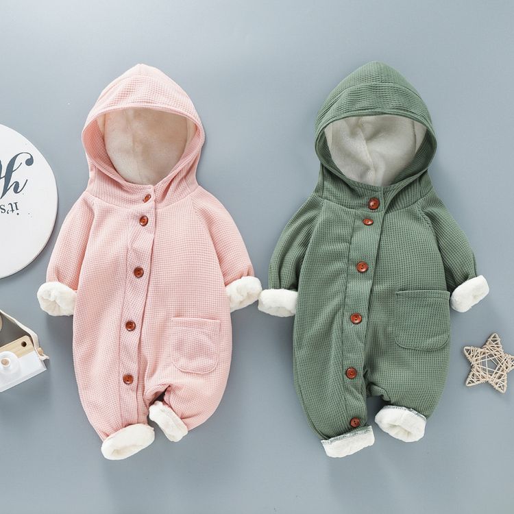 Baby Thickened Fleece Lined Solid Long-sleeve Hooded Waffle Jumpsuit Turquoise