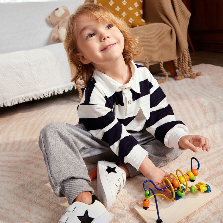 2-piece Toddler Boy Stripe Polo shirt and Grey Pants Set Dark Blue