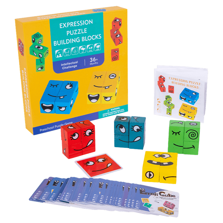 Wooden Expressions Matching Block Puzzle Games Building Cubes Toy Parent-Child Table Games Challenge Level Puzzle Toys Orange