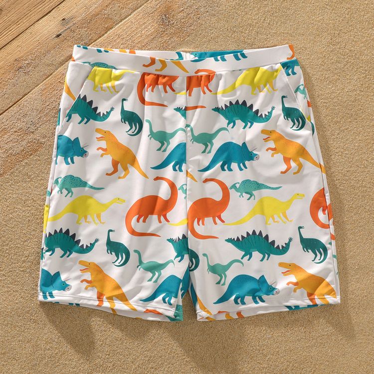 Family Matching All Over Multicolor Dinosaur Print Swim Trunks Shorts and Ruffle Two-Piece Swimsuit White