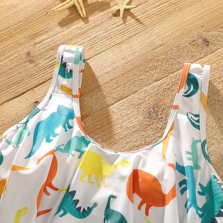Family Matching All Over Multicolor Dinosaur Print Swim Trunks Shorts and Ruffle Two-Piece Swimsuit White