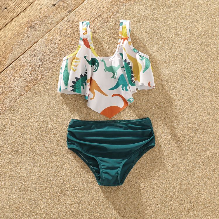 Family Matching All Over Multicolor Dinosaur Print Swim Trunks Shorts and Ruffle Two-Piece Swimsuit White