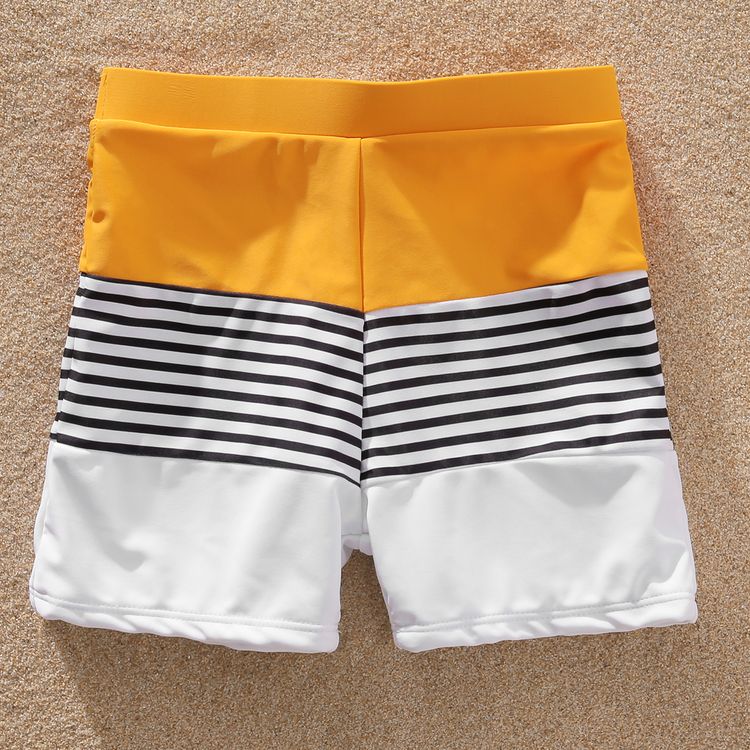 Family Matching Striped Colorblock Swim Trunks Shorts and Spaghetti Strap Splicing One-Piece Swimsuit Rudbeckia yellow