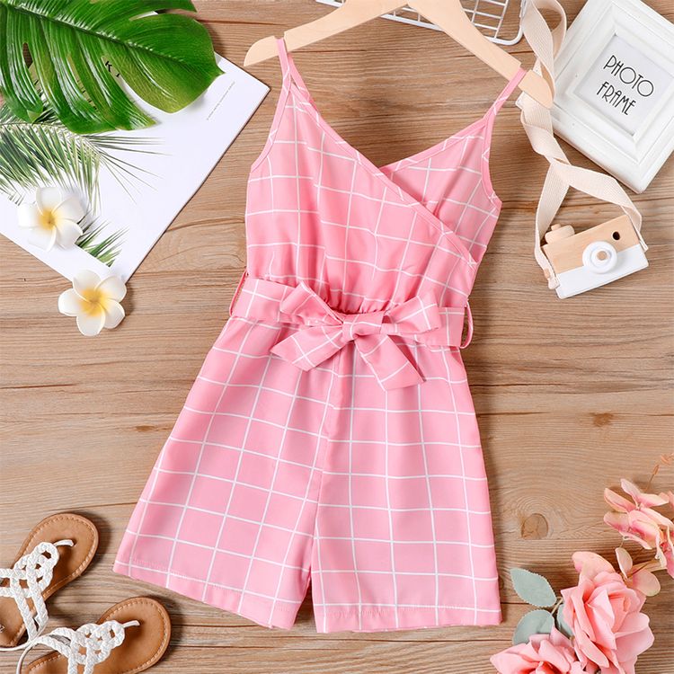 Kid Girl Plaid Surplice Neck Belted Cami Rompers Pink