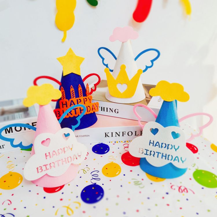 Happy Birthday Felt Non-Woven Hat Birthday Party Cone Hats Art Craft Caps for Birthday Party Supplies Props White
