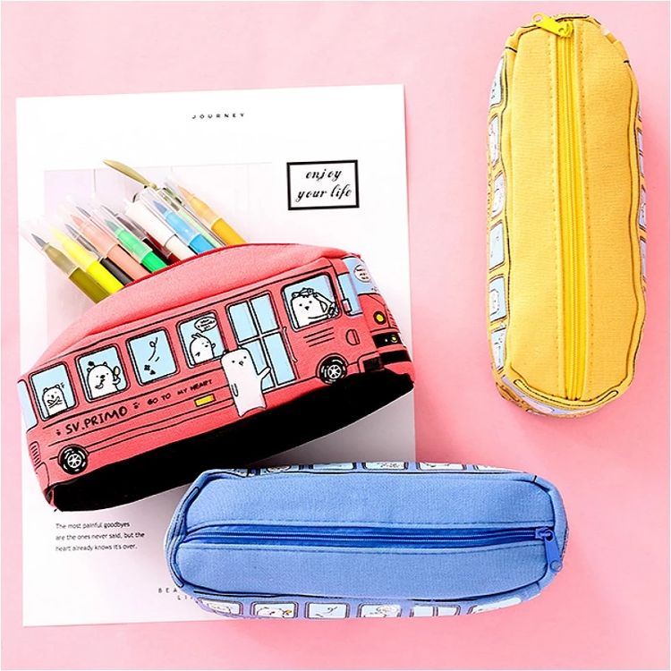 Creative Cute School Bus Pen Pencil Case Large Capacity Canvas Student Bus Zipper Pen Pouch Holder Student Stationery Supplies Yellow