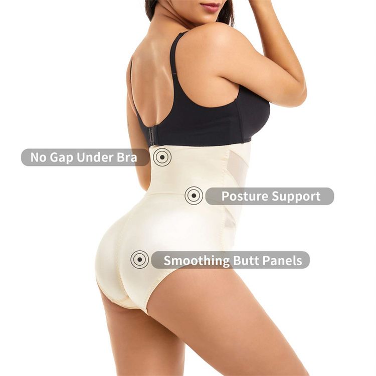 Women Hi-Waist Double Tummy Control Panty Butt Lifter Shapewear Waist Trainer Tummy Control Shorts Body Shaper Cincher Girdle Apricot