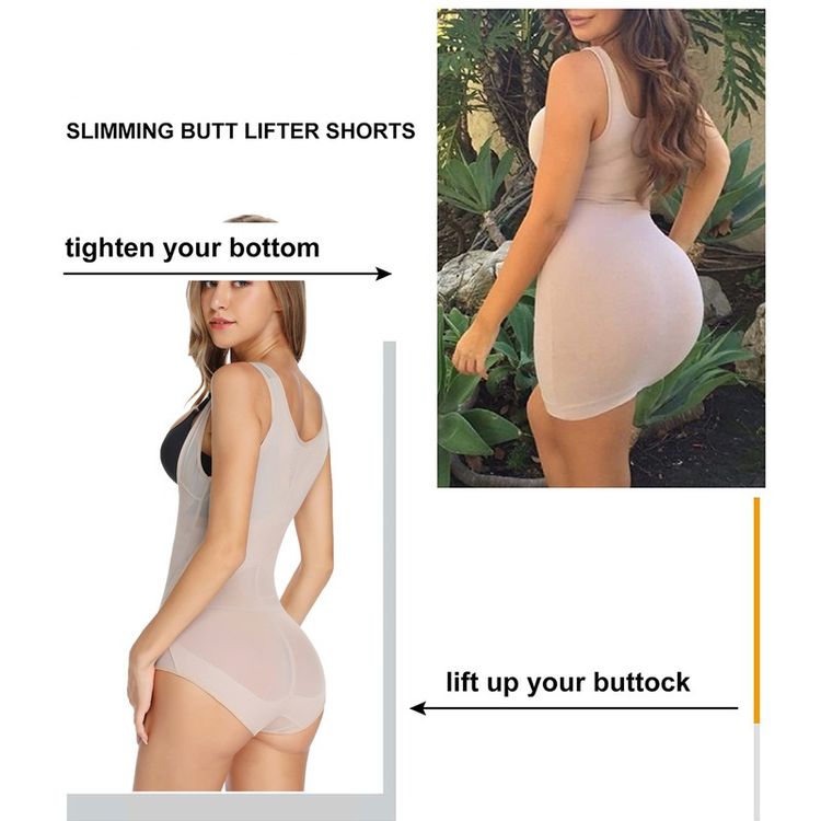 Women Butt Lifter Bodysuit Waist Trainer Shapewear Tummy Control Body Shaper Open Bust Bodysuits Apricot