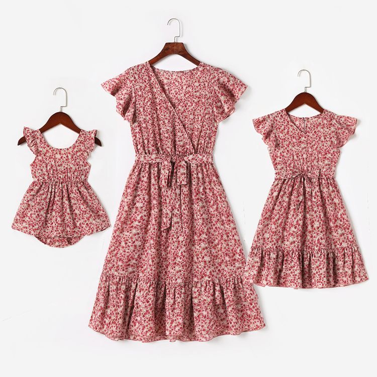 All Over Floral Print Cross V Neck Ruffle-sleeve Belted Layered Dress for Mom and Me PinkyWhite