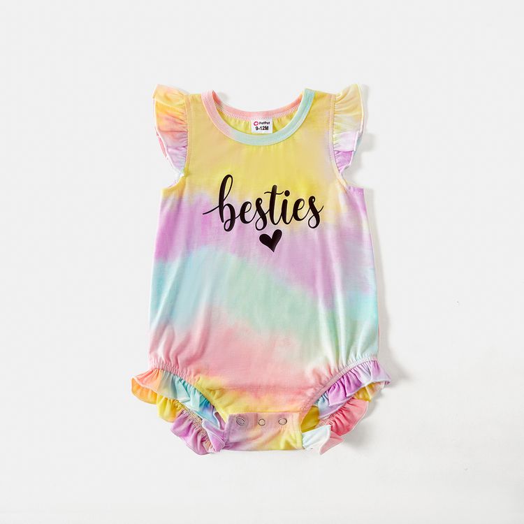 Letter Print Tie Dye Short-sleeve Drawstring Ruched Bodycon Dress for Mom and Me Colorful
