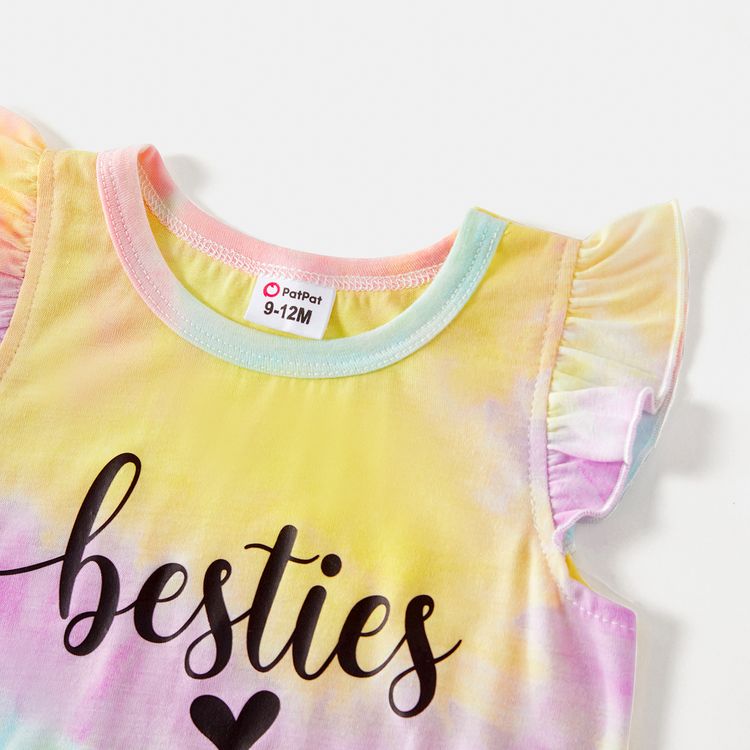 Letter Print Tie Dye Short-sleeve Drawstring Ruched Bodycon Dress for Mom and Me Colorful