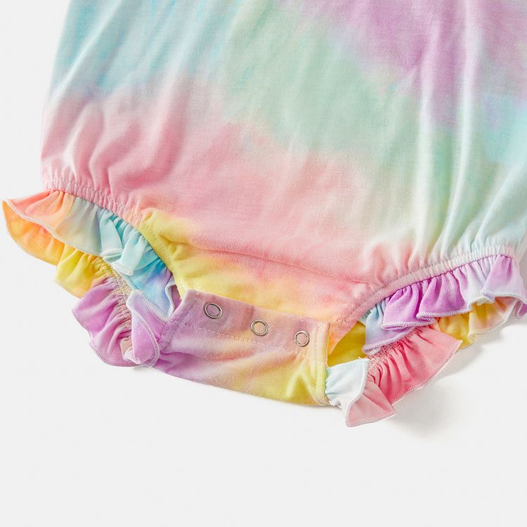 Letter Print Tie Dye Short-sleeve Drawstring Ruched Bodycon Dress for Mom and Me Colorful