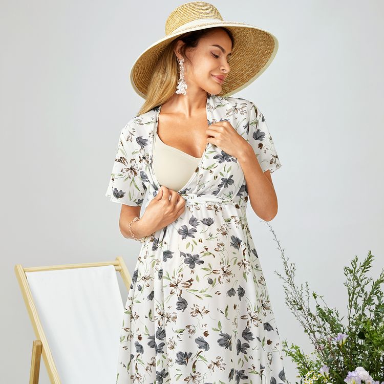 Nursing Allover Floral Print Short-sleeve Belted Dress Creamy White