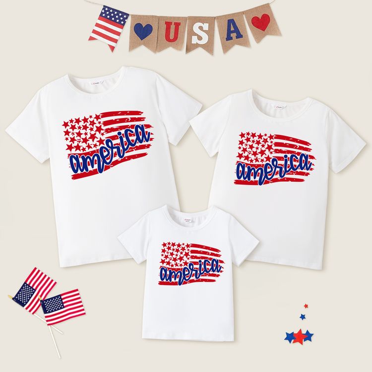 Family Matching American Flag Design Letter Print White Short-sleeve T-shirts White