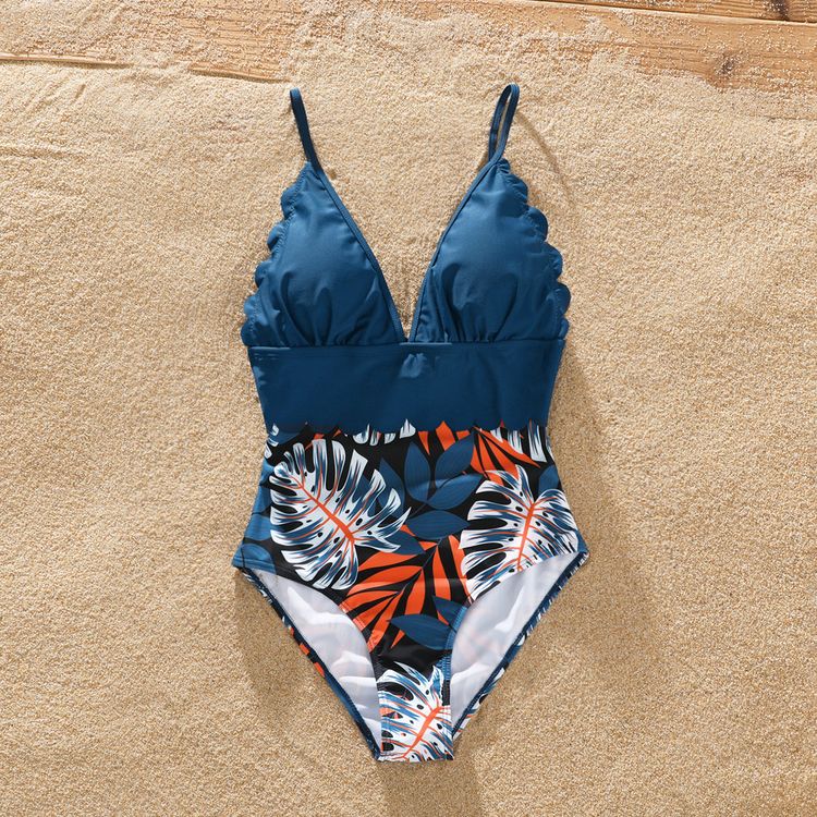 Family Matching Solid Splicing Palm Leaf Print Spaghetti Strap One-Piece Swimsuit and Swim Trunks Shorts Blue