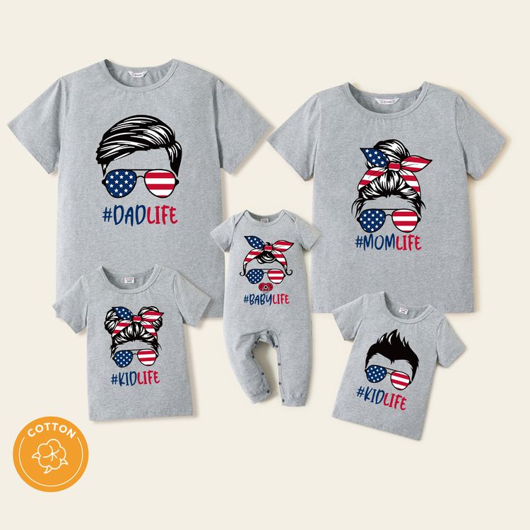 Family Matching Cotton Short-sleeve Stars Stripes Characters Print Grey T-shirts Grey
