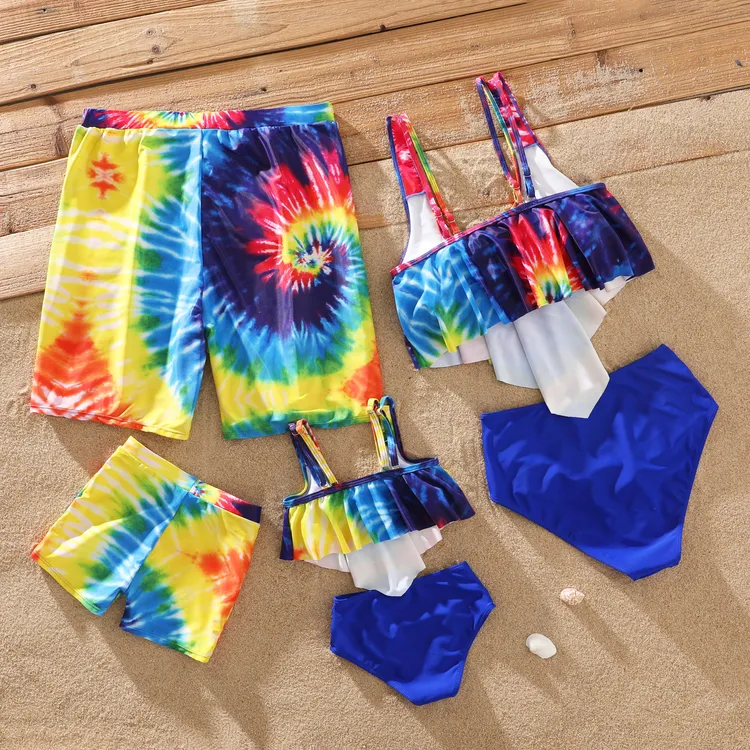 Family Matching Tie Dye Tank Crop Top Bikini Set Swimwear and Swim Trunks Shorts Blue