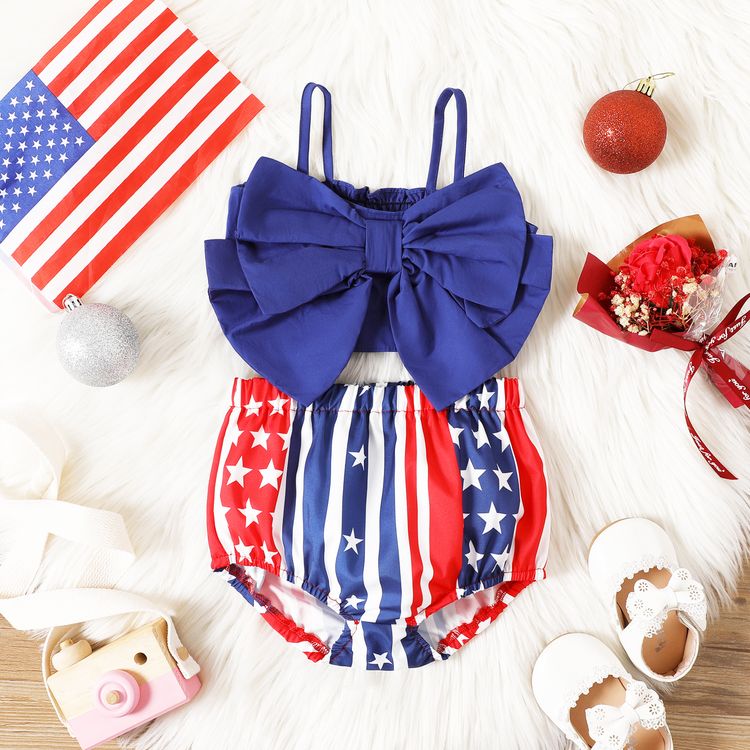 Independence Day 2pcs Baby Girl 100% Cotton Red Bowknot Camisole and All Over Print Shorts Set Blue