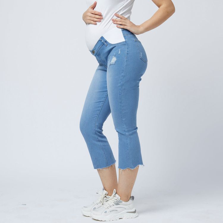 Maternity Sew Frayed Trim Ripped Jeans Light Blue