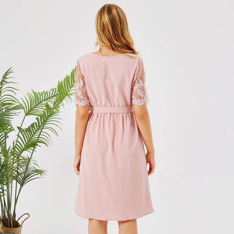 Maternity Guipure Lace Insert Short-sleeve Tulip Hem Belted Dress Pink