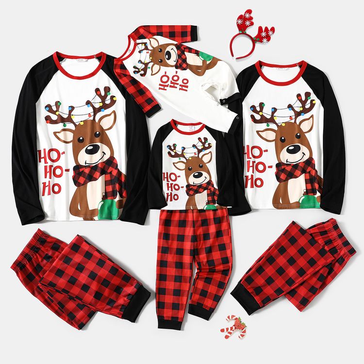 Christmas Family Matching Reindeer & Letter Print Ragaln-sleeve Red Plaid Pajamas Sets (Flame Resistant) redblack