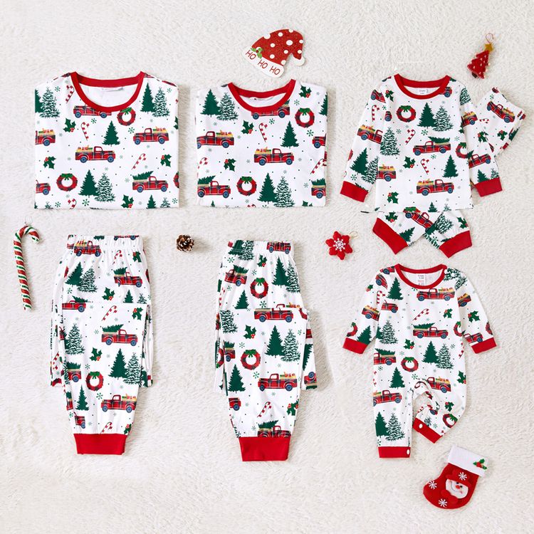 Christmas Family Matching Allover Xmas Tree & Car Print Long-sleeve Pajamas Sets (Flame Resistant) Multi-color