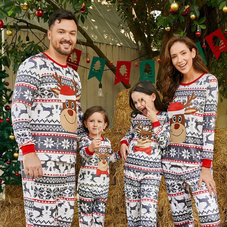 Christmas Family Matching Reindeer Graphic Allover Print Grey Long-sleeve Pajamas Sets (Flame Resistant) Grey