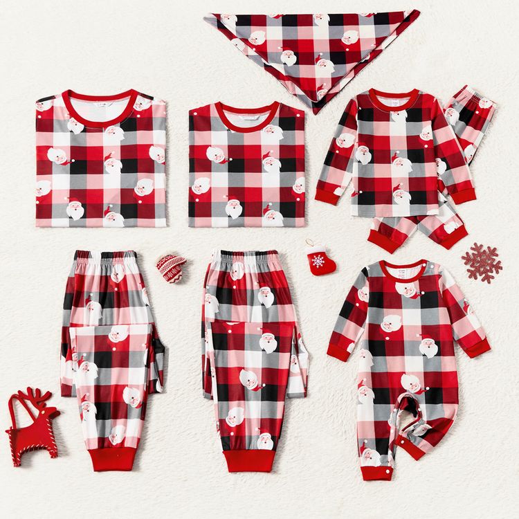 Christmas Family Matching Allover Santa Print Red Plaid Long-sleeve Pajamas Sets (Flame Resistant) redblack