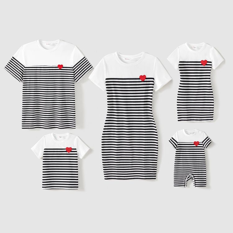 Valentine's Day Family Matching Red Heart Embroidered Cotton Striped Spliced Short-sleeve Bodycon Dresses and T-shirts Sets BlackandWhite