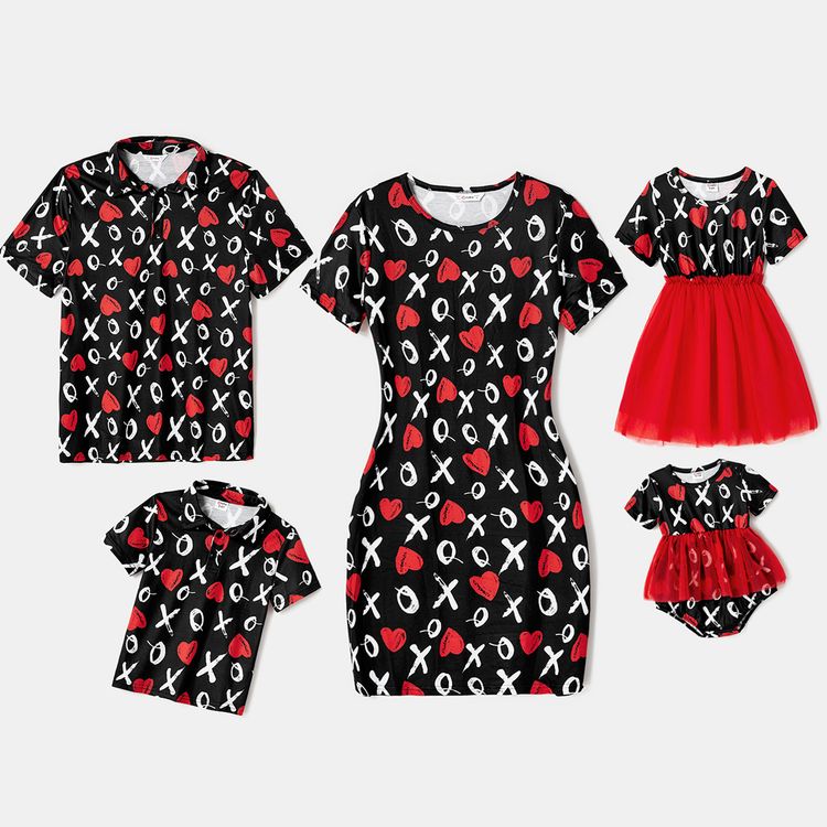 Valentine's Day Family Matching Allover Heart & Letter Print Short-sleeve Dresses and Polo Shirts Sets Black