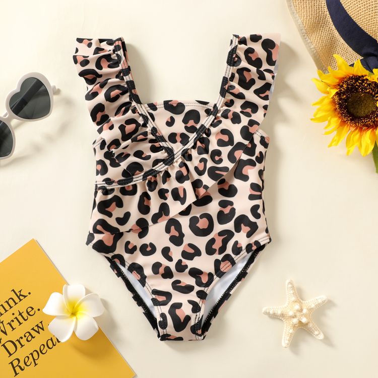 Baby Girl Leopard Print Ruffle Trim One-piece Swimsuit Khaki