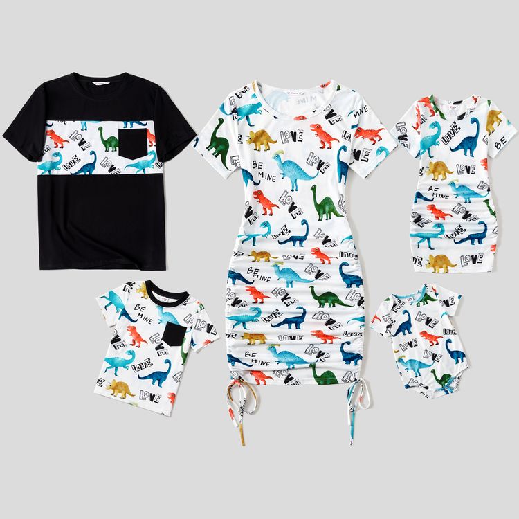 Family Matching Allover Dinosaur Print Drawstring Ruched Bodycon Dresses and Short-sleeve T-shirts Sets BlackandWhite