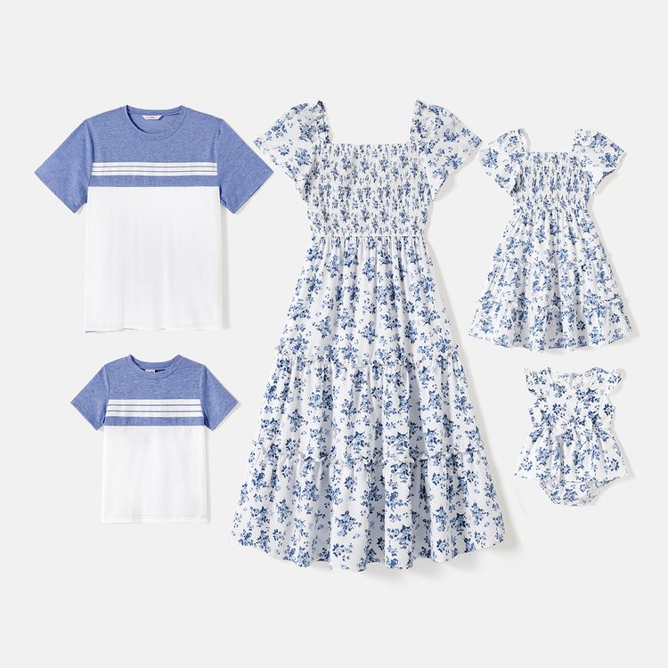 Family Matching Allover Floral Print Shirred Tiered Dresses and Short-sleeve Colorblock T-shirts Sets BLUE WHITE