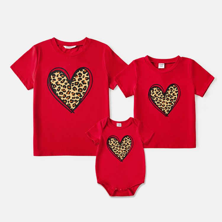 Valentine's Day Mommy and Me Cotton Short-sleeve Leopard Heart Print Red T-shirts Red