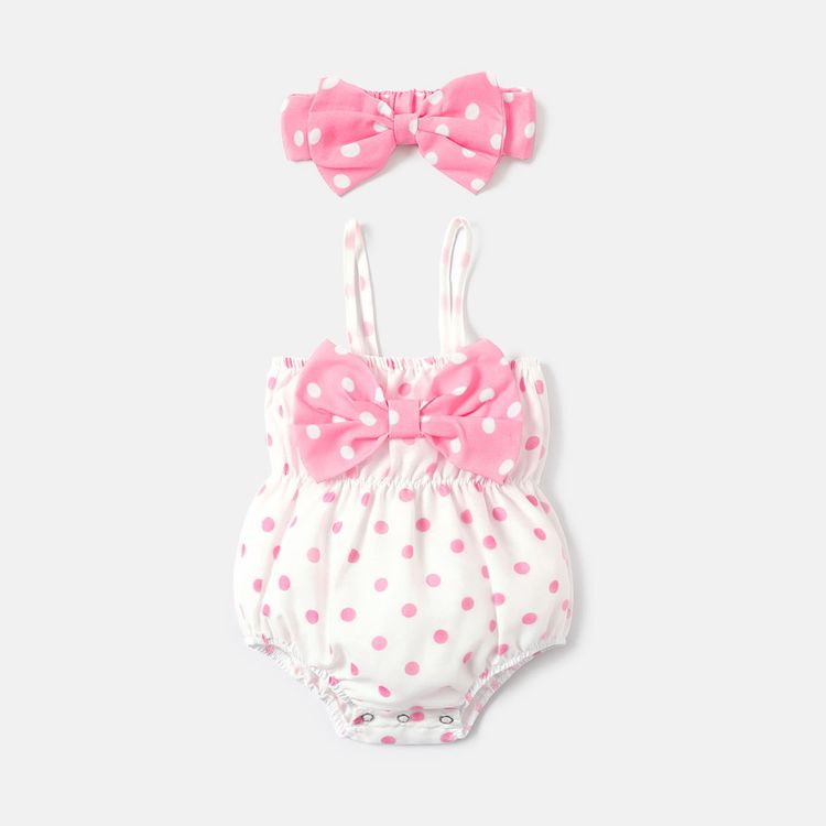 2pcs Baby Girl Polka Dots Print Bow Front Cami Romper & Headband Set Pink