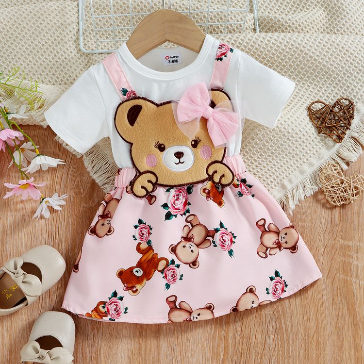 Baby Girl Cotton Short-sleeve Faux-two Bear Graphic Dress PinkyWhite