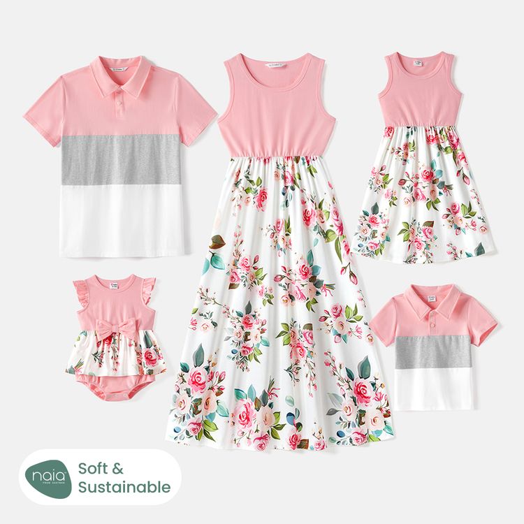 Family Matching 95% Cotton Short-sleeve Colorblock Polo Shirts and Floral Print Naia™ Spliced Tank Dresses Sets Pink
